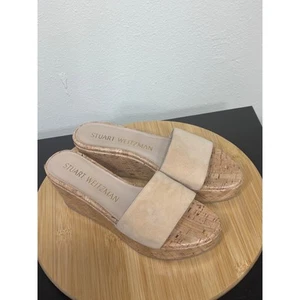 Stuart Weitzman Größe 8 Damen-Keilsandalen Kork Plateau Pantoletten beige Wildleder - Bild 1 von 11