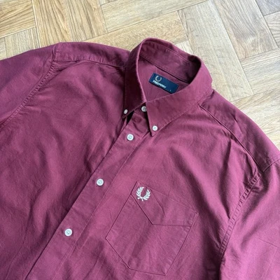 Fred Perry Shirt Short Sleeve Oxford Maroon Terrace Mod Mens Size Large (L) - Image 1 of 4