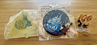 批量 3 件 迪士尼 PINS 25、50、100 年 华特迪士尼世界 迪士尼乐园 米奇城堡 — 第 1/4 张图片