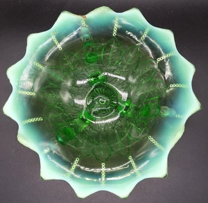 Antique c. 1900 Northwood Glass Green Opalescent Leaf & Bead Footed Dish 8" - Picture 1 of 18