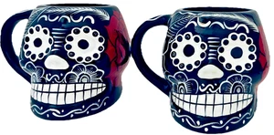 Talavera Día de Muertos Mexicano Azúcar Calavera Tazas Taza Cerámica Muertos Juego de 2 - Imagen 1 de 10
