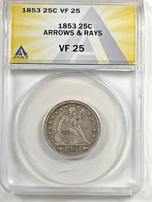 1853 Arrows & Rays Seated Quarter : ANACS VF25 - Image 1 of 4