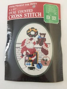 Oval Counted Cross Stitch #4114 Present For Teddy 4" x5 ½" - Picture 1 of 5