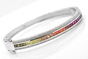 925 Sterling Silver Rainbow MultiColor Princes Sapphire A Deco Bangle Bracelet 