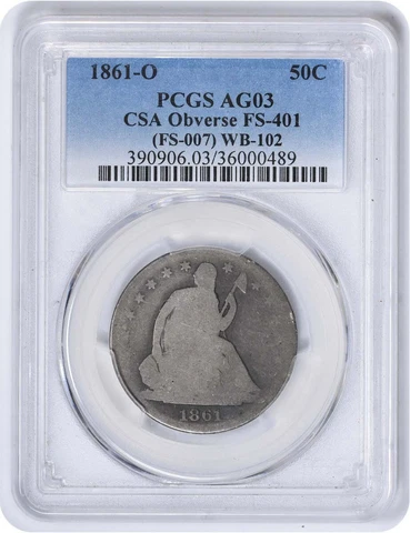 1861-O Liberty Seated Silver Half Dollar CSA Obverse FS-401 AG03 PCGS Cover