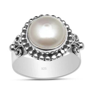 Round Shape Pearl 925 Sterling Silver Wide Shank Beaded Ring For Women & Girls - Picture 1 of 6