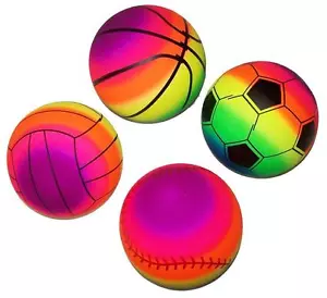 6 ASSORTED SPORTS RAINBOW 9IN PLAY BALLS kick bounce throw toy rubber ball NEW - Picture 1 of 1