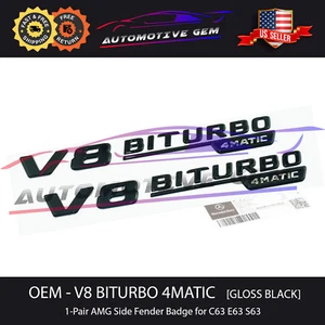OEM V8 BITURBO 4MATIC Fender AMG Emblem Gloss Black Badge Mercedes C63 E63 S63 - Picture 1 of 2