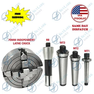 4-Jaw 70mm Lathe Chuck Independent Reversible Jaws & MT1 MT2 MT3 R8 Arbors USA - Picture 1 of 5