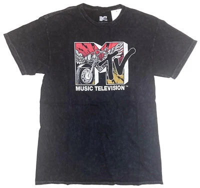 MTV Music Television Classic Motorcycle Logo Men's Black Acid Wash T-Shirt New - Image 1 of 2