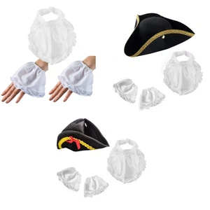Historical Colonial Hat Black Pirate Hat Tricorn Hat White Cuffs Apron for Party - Picture 1 of 21