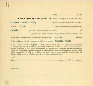 1923 Potlatch Lumber Company, Augusta, Maine -  proxy form for annual meeting - Picture 1 of 2