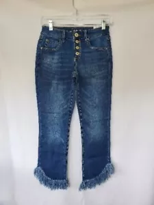 INC - Mid Rise Frayed Hem Straight Leg Button Fly Ankle Jeans - PETITE 0 - NEW - Picture 1 of 9