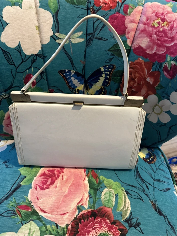 Vintage años 50 sin marca (Atna??) Cartera de mano de vinilo de estructura sólida blanca/beige Foto 1 de 4