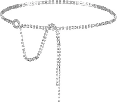 Cinturón de cadena con diamantes de imitación para mujer, cinturón ajustable con diamantes plateados, brillante G Foto 1 de 4