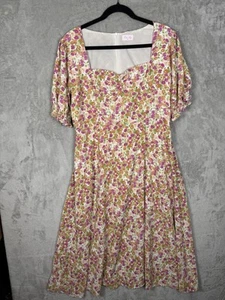 Vestido Rosa Lirio Rosa y Naranja Flores Escote Cuadrado Mangas Abullonadas XL - Imagen 1 de 12