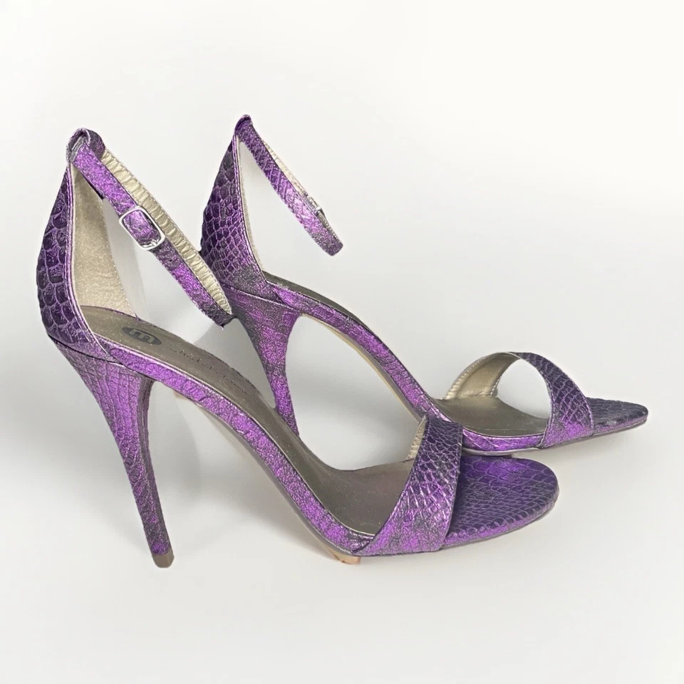 NUEVO Michael Antonio Metálico Púrpura Estampado Piel de Serpiente Correa para el Tobillo Tacones de Aguja Foto 1 de 4