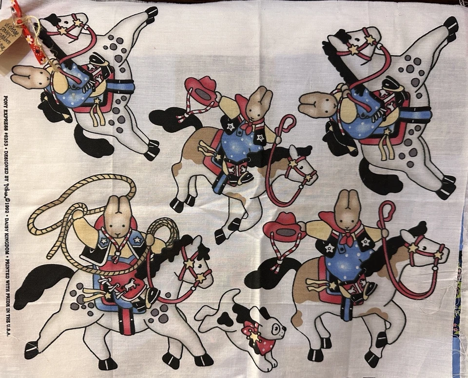 Panel artesanal impreso con conejitos vintage Daisy Kingdom 1992 “PONY EXPRESS” #6253 Foto 1 de 4