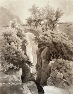 Mountain waterfall, ink wash dated 1843, antique drawing, 19th century - Picture 1 of 3