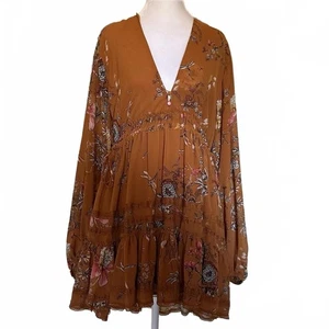 Free People Minikleid rost orange geblümt Boho erdig oversized Gr. S fließend - Bild 1 von 6