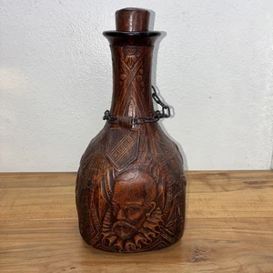 Vintage Leder umwickelt Whisky Flasche Dekanter Miguel De Cervantes - Top Zustand - Bild 1 von 9