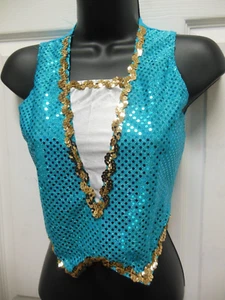 Suéter delantero de lentejuelas turquesa baile spandex chaleco trasero unisex dorado mediano ch - Imagen 1 de 6