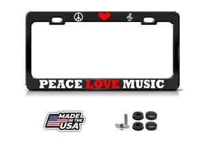 PEACE LOVE MUSIC License Plate Frame Heavy Metal BLACK MUSIC LOVER Tag Border - Picture 1 of 4