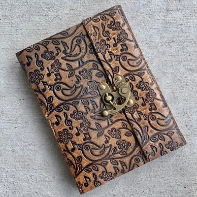 Handmade Brown Leather Journal Book lock rugged diary Embossed music notes bird - Image 1 of 4