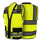 Safety green surveyor vest with tablet pocket.
