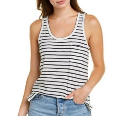 Madewell Striped Knit 100% Cotton Tank Top Chest Pocket Side Slits XL White Blue - Image 1 of 4
