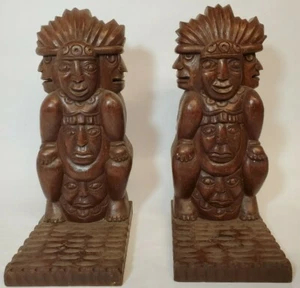 Vintage Aztec Mayan Style Hand Carved Wood Book Ends - Picture 1 of 4