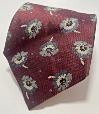 Pierre Cardin Men's 100% Silk Neck Tie Red w/ Blue & White Embroidered Flowers - Image 1 of 4
