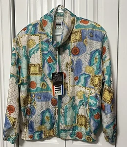 Vintage EVR DIV ROUSSO Silk Jacket Womens Large Bomber Nautical Map Blue NEW - Picture 1 of 9
