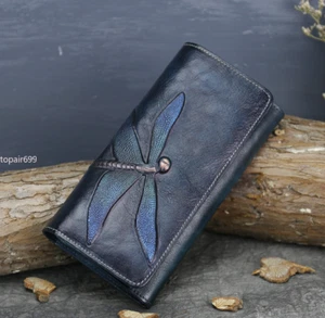 Mujeres Cuero Genuino Billetera Libélula Bolso para Tarjetas Bolso Largo - Imagen 1 de 12