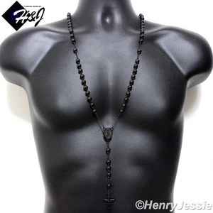 MEN Stainless Steel 30+5"HEAVY 8mm Black Plated Beads Rosary Necklace