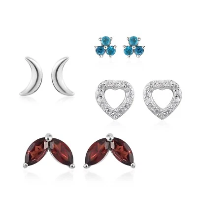 Conjunto de 4 brincos de granada, zircão e neon apatita folheados a platina esterlina - Imagem 1 de 4