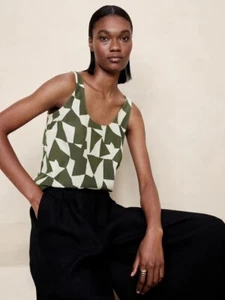 NWT Banana Republic Sublime Silk Tank SMALL Transition Cream Olive Geometric Top - Picture 1 of 6