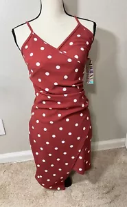 Almost Famous Dress size M Wrap V Neck Strappy Ruched Polka Dot Rust Spring NWT - Picture 1 of 7