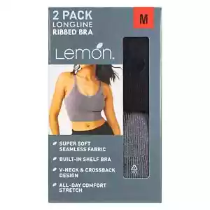 2-Pack Lemon Ladies' Ribbed Longline Bra - Black/Grey - NWT - Picture 1 of 8