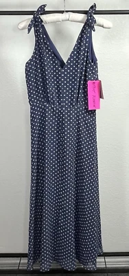 Betsey Johnson макси платье женщин 10 синий горошек галстук через плечо Swiss Dot v-образным вырезом - Изображение 1 из 4