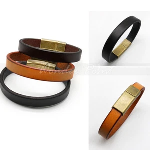 3 Color MEN Women Cowboy Black Genuine Leather Bracelet Wrist Band Bangle 6-9'' - Picture 1 of 17