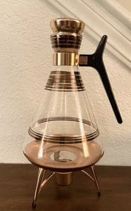 Vintage Mid Century Modern Glas Kaffeekaraffe mit Kupfer Stövchen Ständer und Deckel - Bild 1 von 14