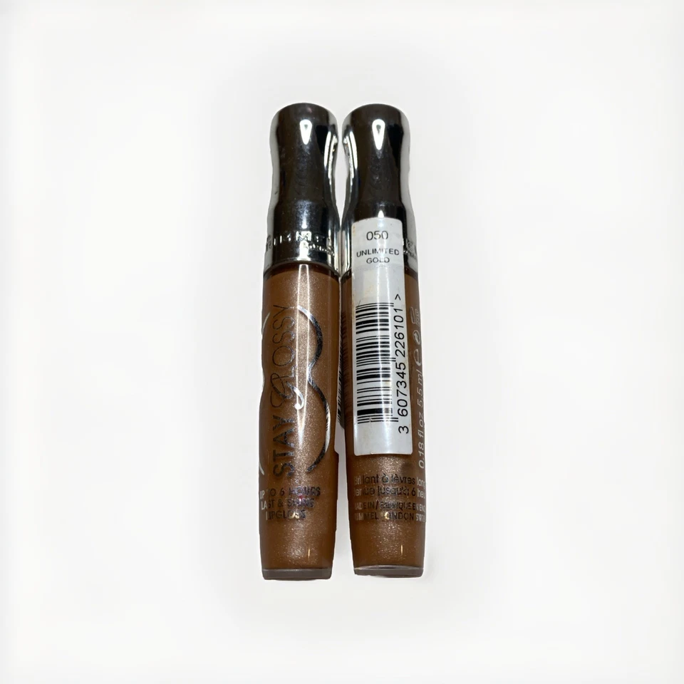 2x Brillo de labios Rimmel Stay brillante #050 oro ilimitado. Leer Foto 1 de 1