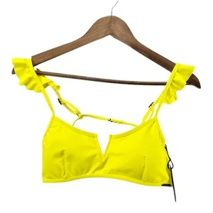  Kendall + Kylie Womens L Flutter Ruffle Bikini Top Neon Yellow Strappy Flirty - Picture 1 of 9