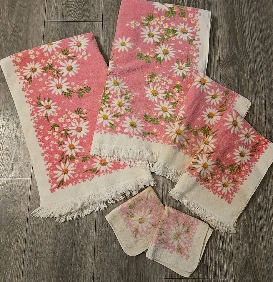 Juego de 6 paños de baño y mano vintage Martex rosa blanco margarita algodón  Foto 1 de 4
