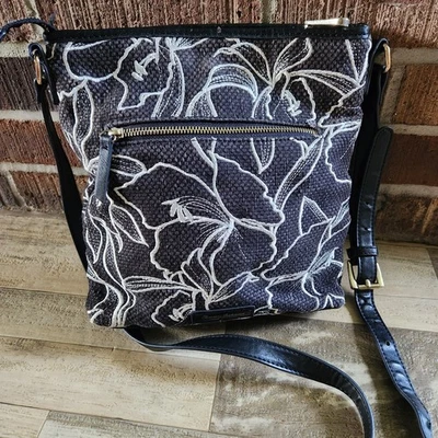 TOMMY BAHAMA Cotton Linen Blend Black Floral Embroidered Crossbody Lined Purse  - Image 1 of 4