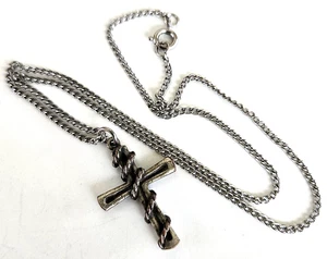 Vintage Pewter Twist Braid Cross Pendant Silver Tone Curb Chain Necklace 16" - Picture 1 of 5
