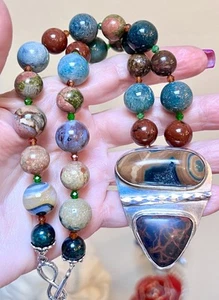 GORGEOUS Artisan/Designer Sterling Silver Ocean Jasper, Obsidian, Druzy Necklace - Picture 1 of 21