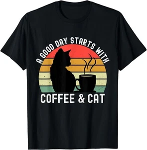 A Good Day Starts With Coffee And Cat Funny Cat Coffee Lover Gift Unisex T-Shirt - Picture 1 of 3