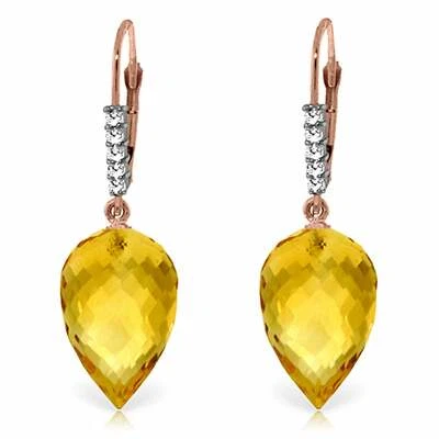 19.15 Carat 14K Solid Rose Gold Drop Briolette Citrine Diamond Earrings - Image 1 of 3